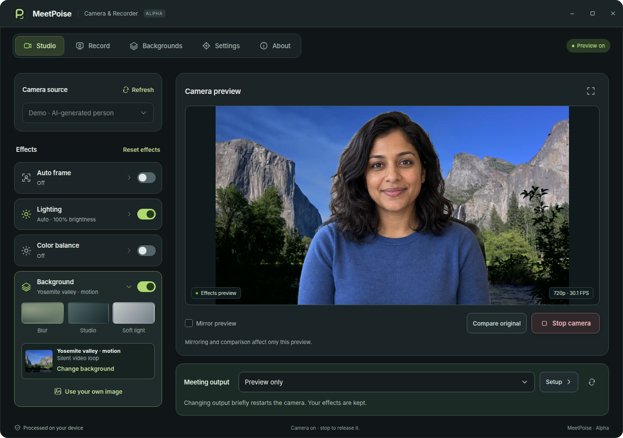 Real MeetPoise interface with a fictional AI-generated person